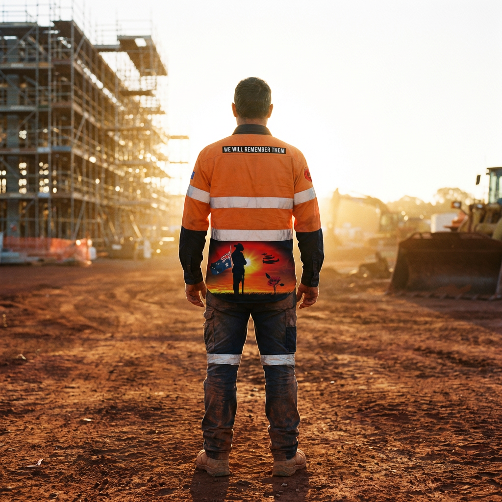 Man wearing the Courage Orange Full Button Hi Vis Workshirt on a construction site, side angle