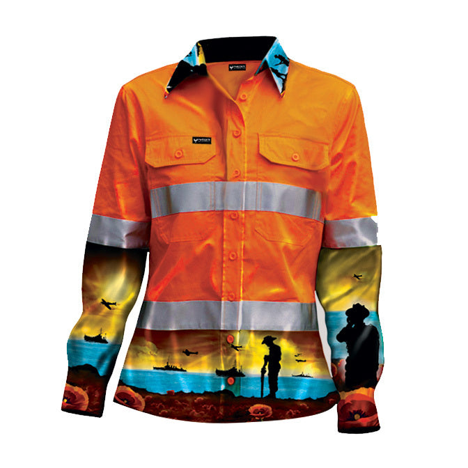WOMEN'S LEST WE FORGET ORANGE DAY/NIGHT HI VIS HALF BUTTON WORKSHIRT