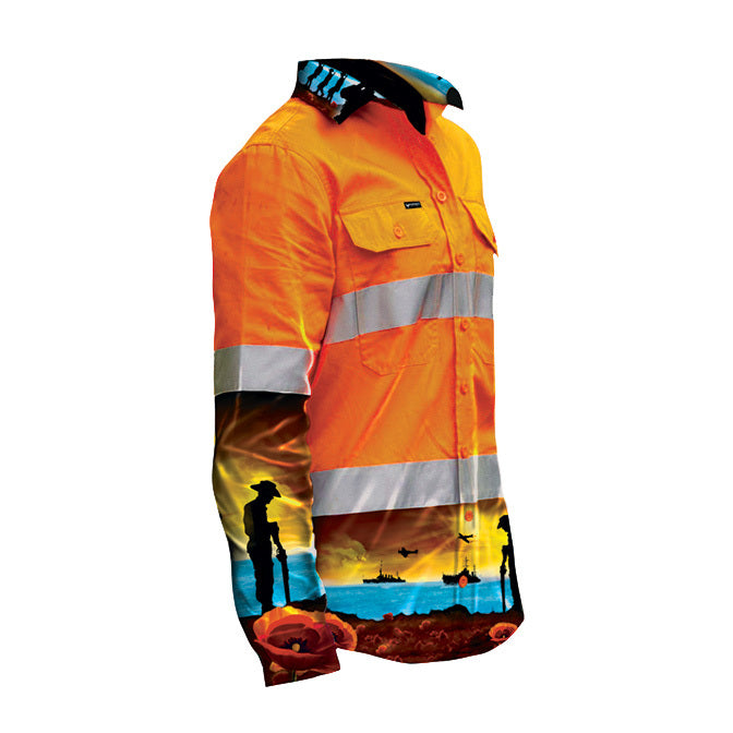 WOMEN'S LEST WE FORGET ORANGE DAY/NIGHT HI VIS HALF BUTTON WORKSHIRT
