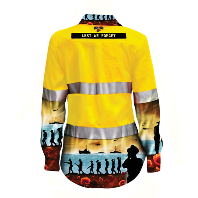 WOMEN'S LEST WE FORGET YELLOW DAY/NIGHT HI VIS HALF BUTTON WORKSHIRT