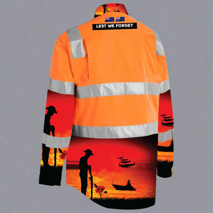 Australian tradie wearing lest we forget orange hi vis on construction site