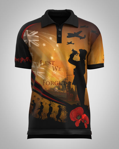 Veteran wearing lest we forget polo shirt at dawn service Australia