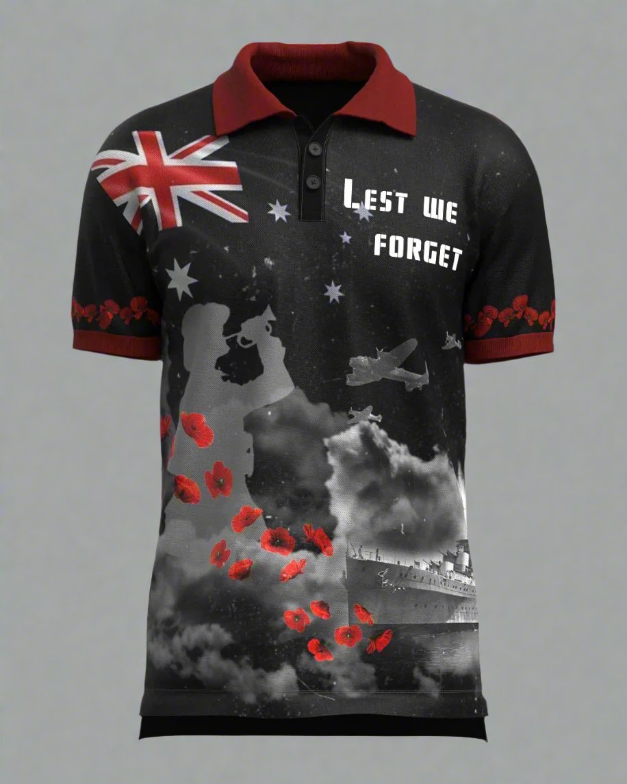 Veteran wearing lest we forget polo shirt at dawn service Australia