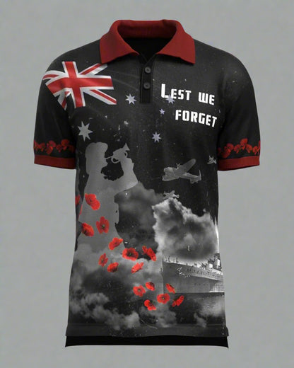 Veteran wearing lest we forget polo shirt at dawn service Australia