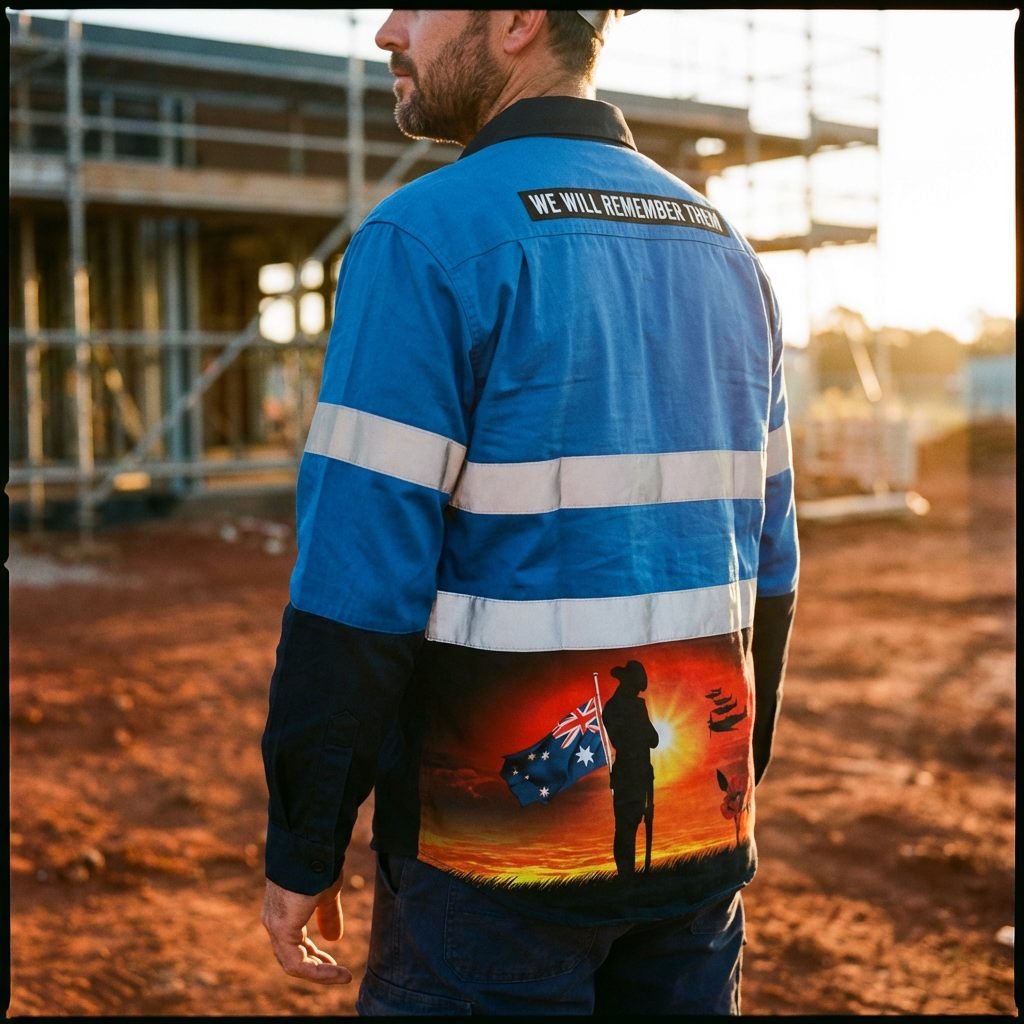 Back view of the Courage Blue Full Button Hi Vis Workshirt showing the commemorative design