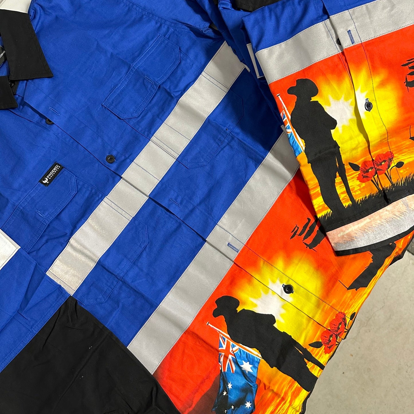 Custom hi vis work shirt with featuring a silhouette of a Australian Soldier and a sunset at the dawn service. 