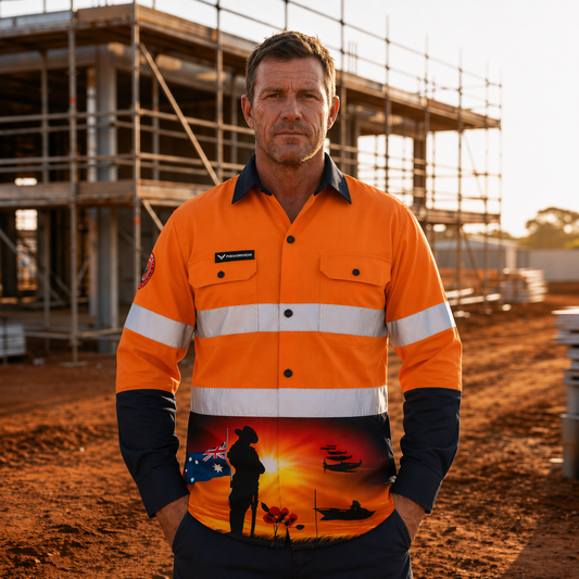 Man wearing an orange work shirt with a design on a construction site