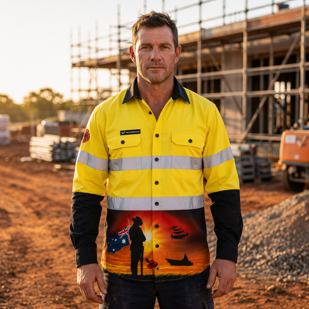 Man wearing a high-visibility work shirt with a sunset design on a construction site.