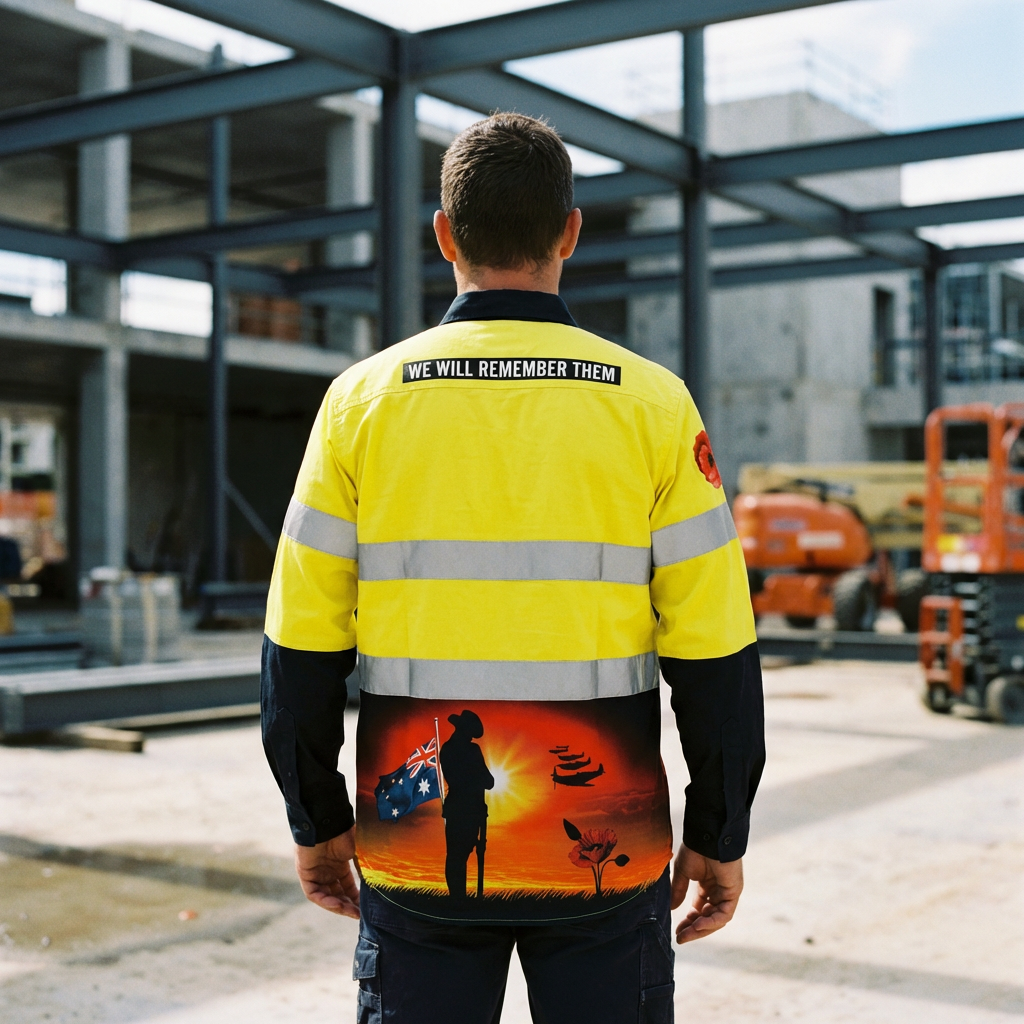 Person wearing a Courage Full Button Hi-vis work shirt a construction site.