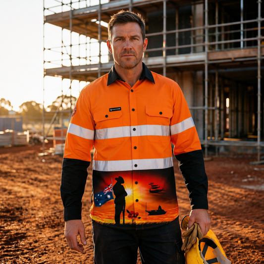 Man wearing an orange high-visibility work shirt with a design on a construction site.