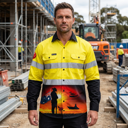 Man wearing a high-visibility Courage Hi-vis work shirt on a construction site