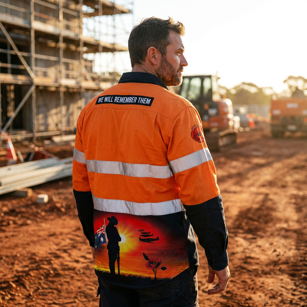 Back view of the Courage Orange Full Button Hi Vis Workshirt showing We Will Remember Them design