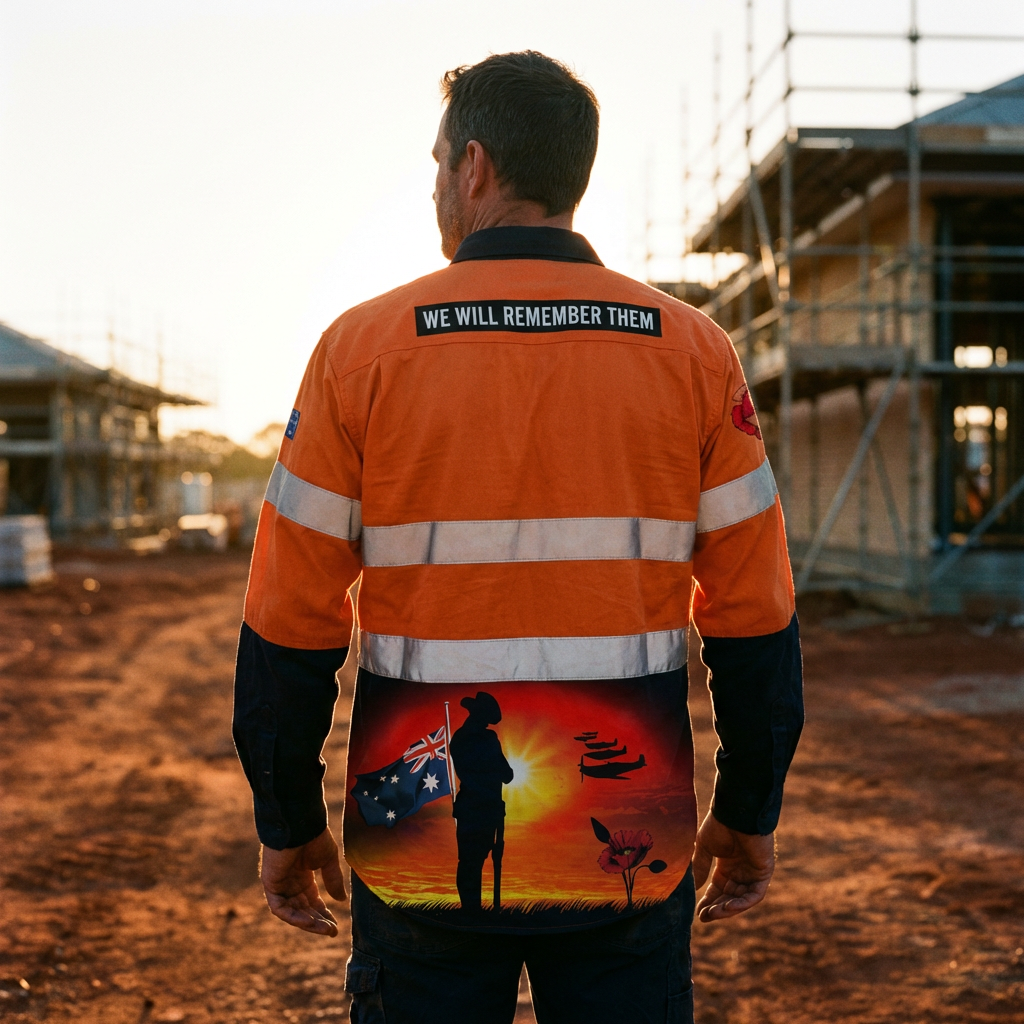 Back view of the Courage Orange Full Button Hi Vis Workshirt on a construction site