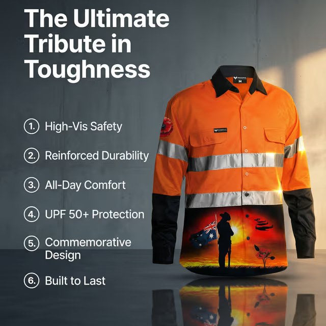 Orange high-visibility work shirt with reflective stripes on a dark background