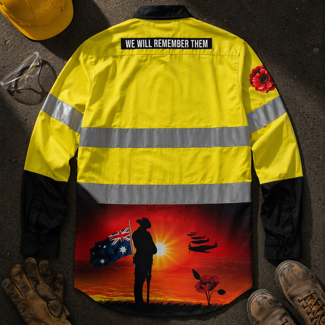 Back view of the Courage Yellow Full Button Hi Vis Workshirt showing the commemorative design