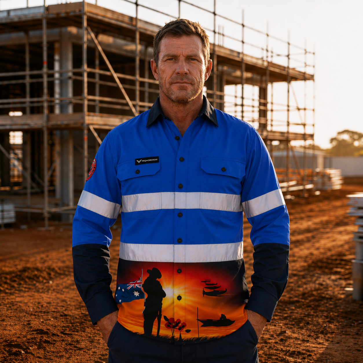 Man wearing a blue work shirt with a sunset design on a construction site