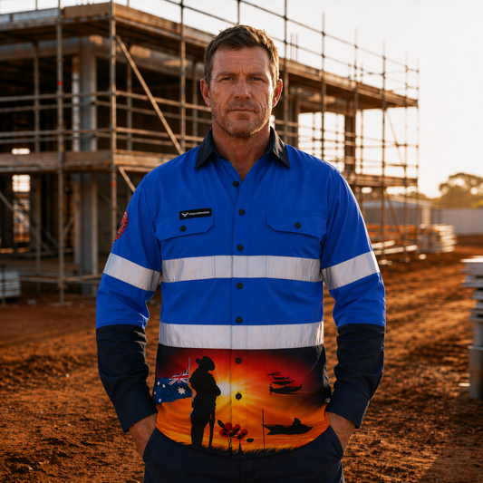 Man wearing a blue work shirt with a sunset design on a construction site