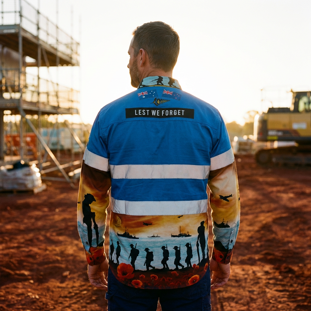 Man wearing blue LWF Blue half Button Remembrance work shirt, with 'Lest We Forget' text on the back on construction site. 