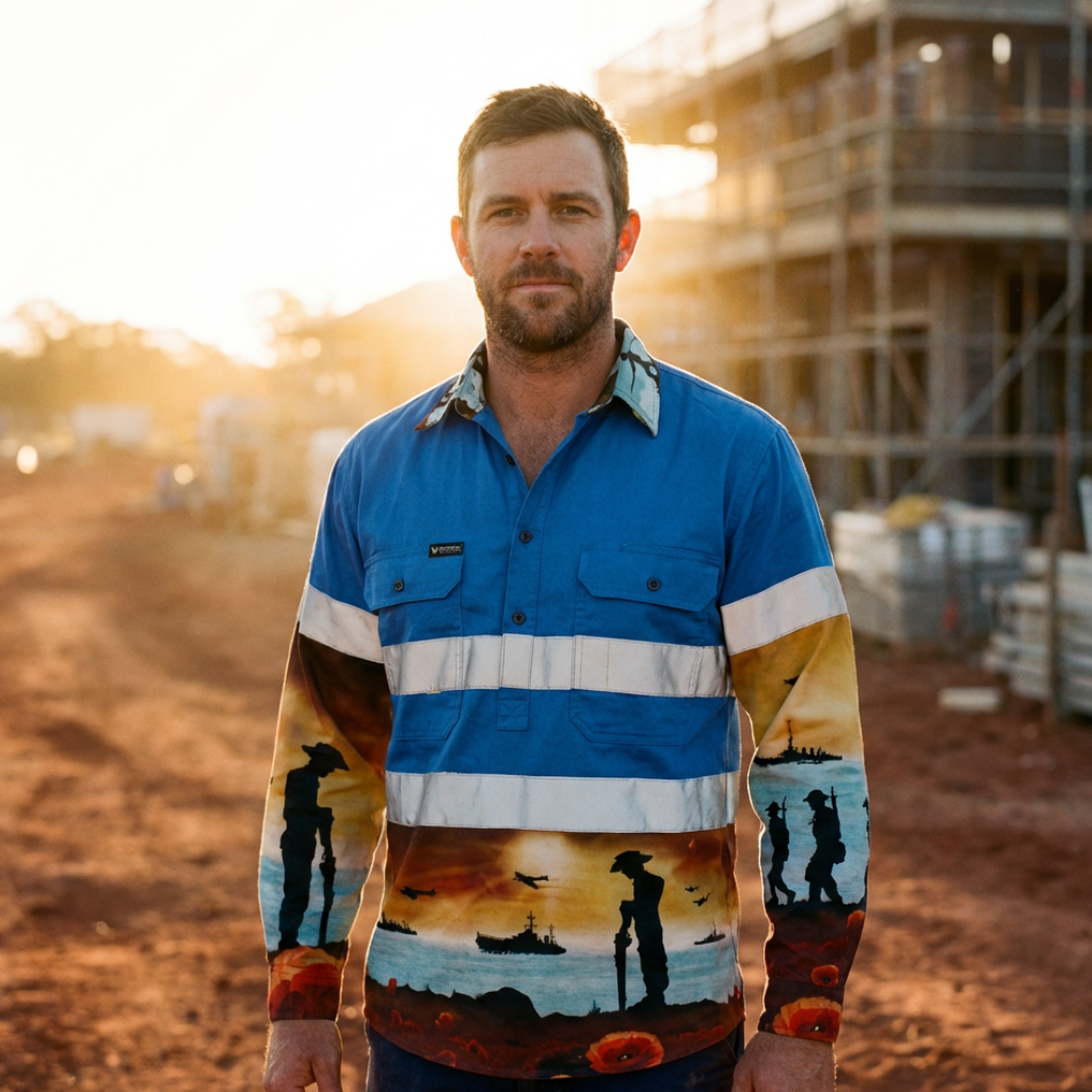 Man wearing a LWF Blue HalfButton Hi-Vis  Remembrance Hi-vis shirt on a construction site.