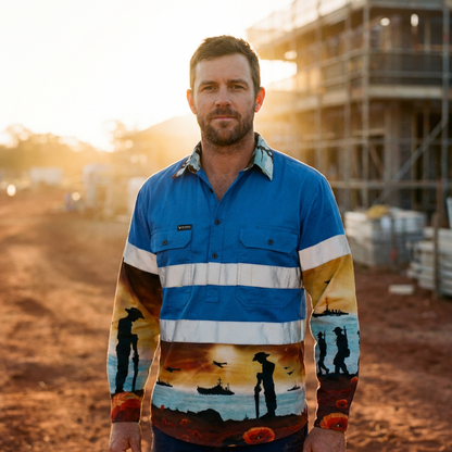 Man wearing a LWF Blue HalfButton Hi-Vis  Remembrance Hi-vis shirt on a construction site.