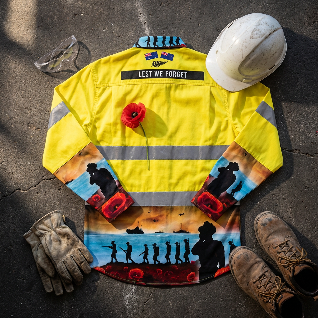 LWF Yellow Hi-Vis Half-button on a concrete surface with a hard hat, gloves, and boots.