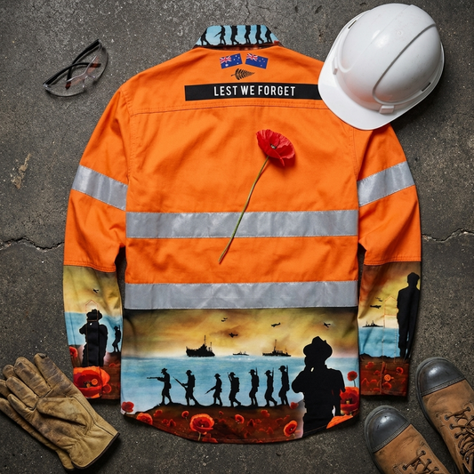 Orange high-visibility work jacket with a memorial design, poppy, and 'Lest We Forget' text on a concrete surface.