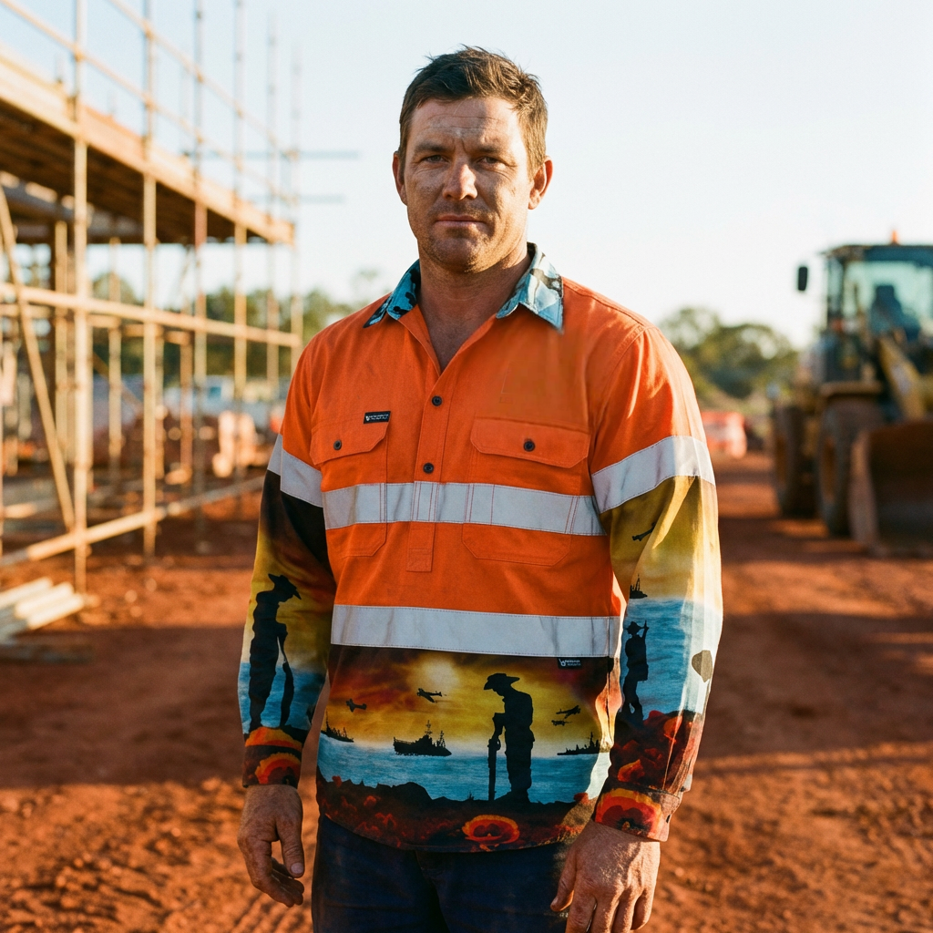 Man wearing a Lest We Forget Orange high-visibility work shirt with a sunset design on a construction site.