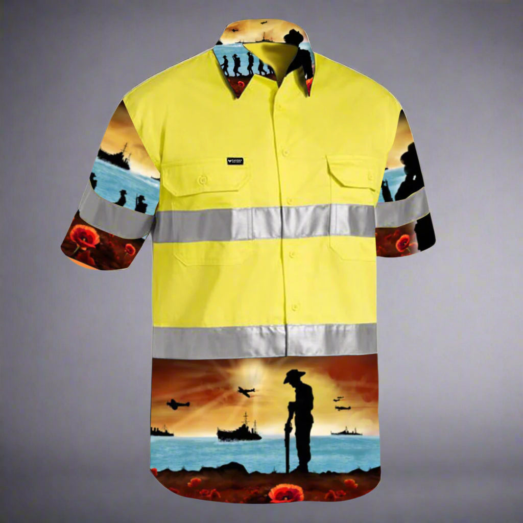 LEST WE FORGET YELLOW HI VIS SHORT SLEEVE WORKSHIRT