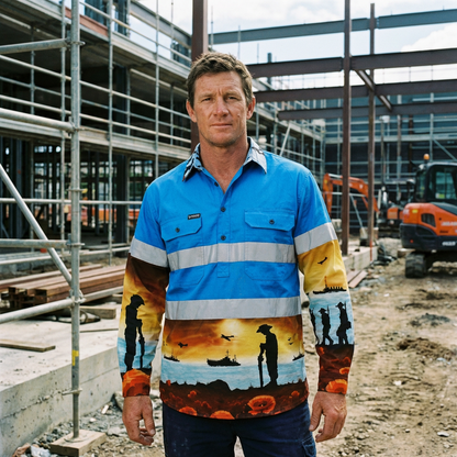 Man wearing a Lest We Forget Blue Hi-Vis shirt on a construction site