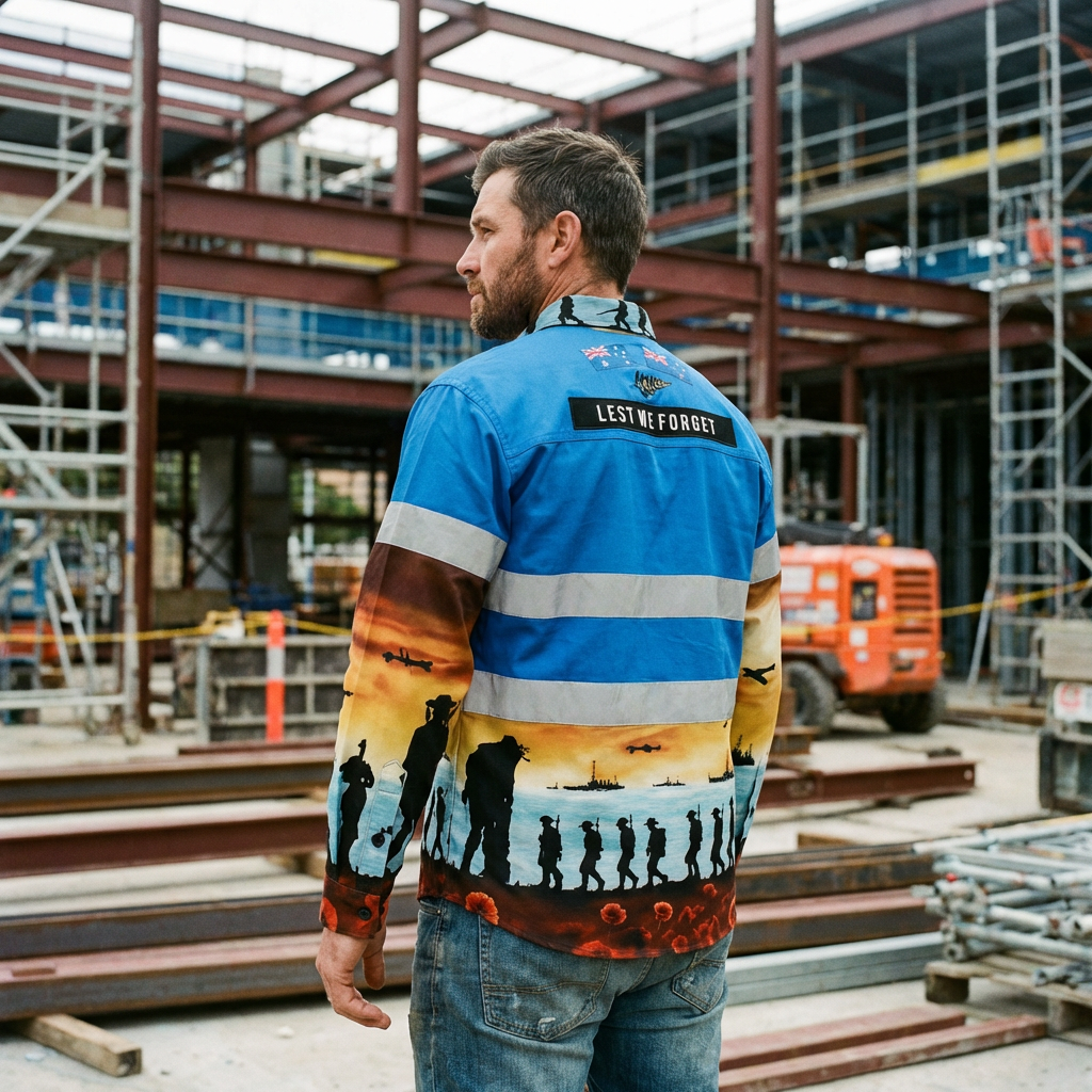 Man wearing a Lest We Forget Blue Hi-Vis on a construction site 