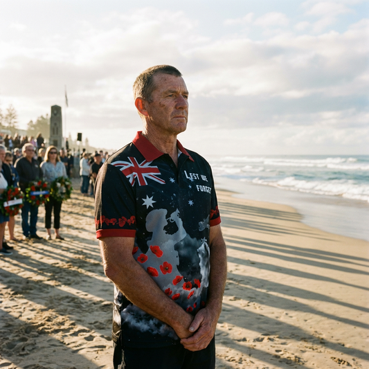 Man standing on a beach with a memorial wreath, wearing a Lest We Forget Polo Shirt Beach