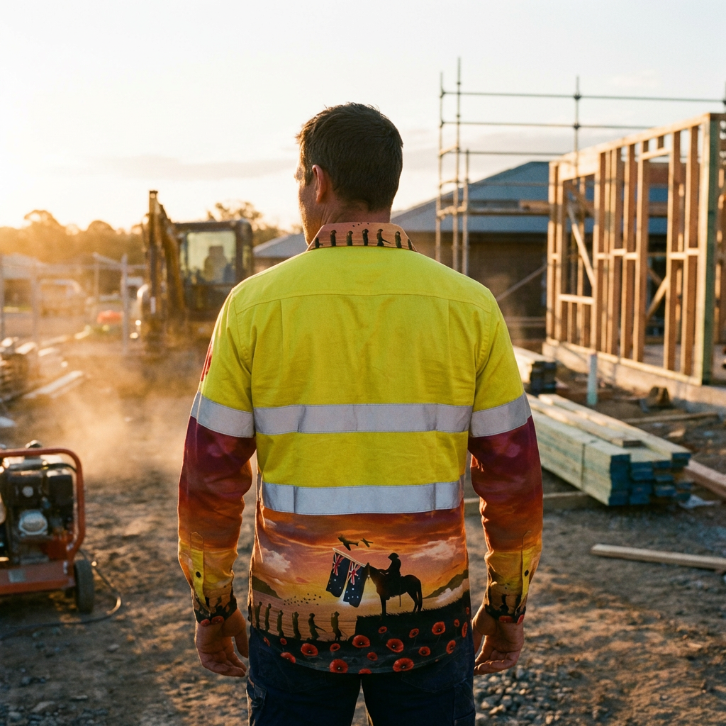 Man on a construction site wearing a Men's Yellow Remembrance Half Button Hi-Vis Day/Night Work Shirt