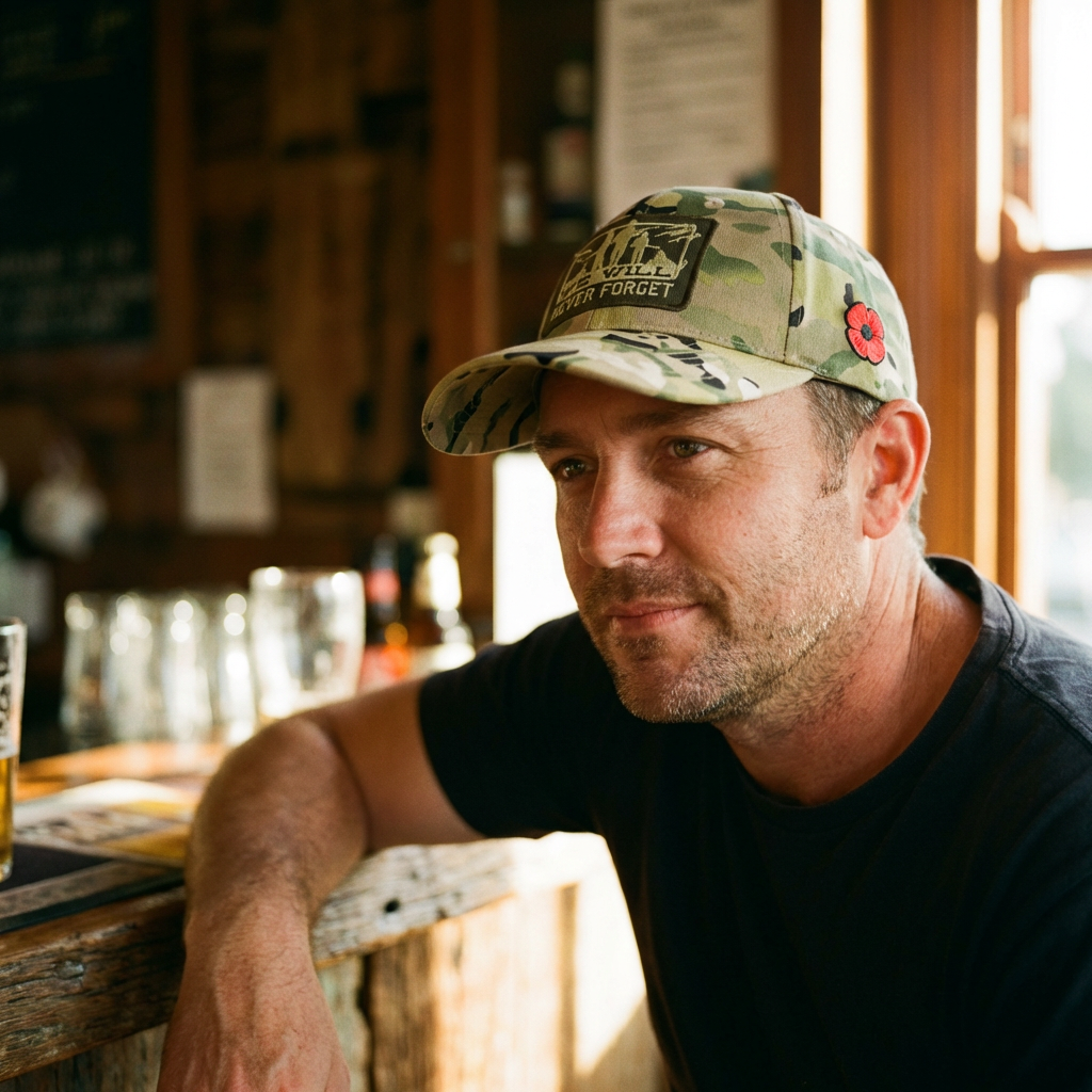 Man wearing a camouflage cap with a red poppy in a bar setting