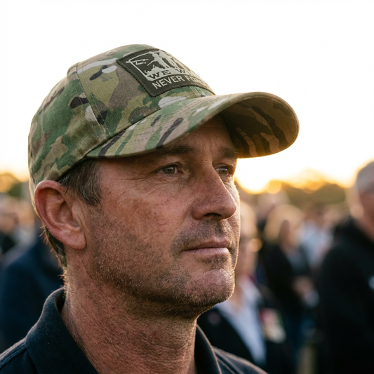 Man wearing a camouflage Never Forget Cap, looking off to the side with a blurred crowd in the background.