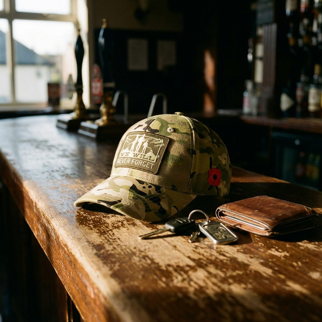 Camouflage cap with a patch on a wooden bar counter in a bar setting