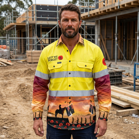 Man wearing a Remembrance Half Button Hi-Vis Day/Night Work Shirt on a construction site.