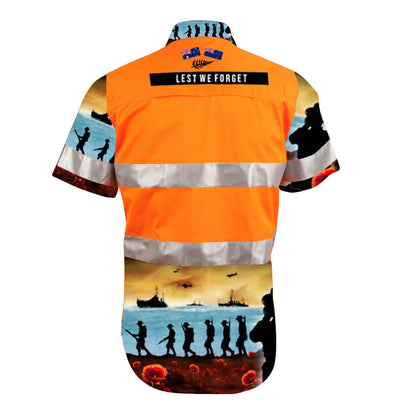 Australian tradie wearing lest we forget orange hi vis on construction site