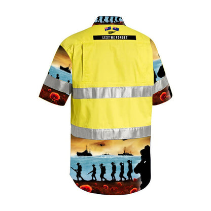 Australian FIFO worker wearing lest we forget yellow hi vis workshirt