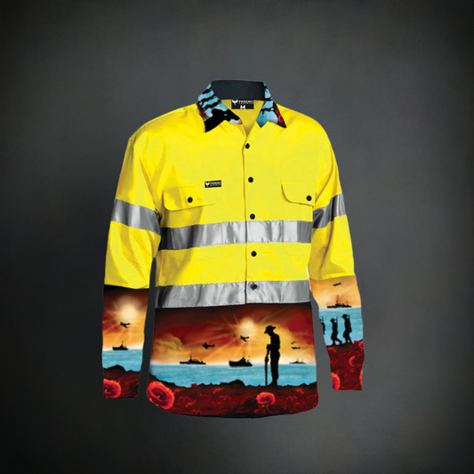 MEN'S LEST WE FORGET YELLOW DAY/NIGHT HI VIS HALF BUTTON WORKSHIRT