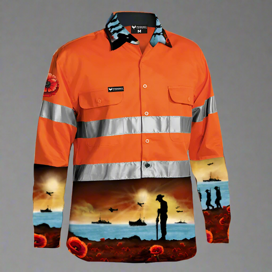 MEN'S LEST WE FORGET ORANGE DAY/NIGHT HI VIS HALF BUTTON WORKSHIRT