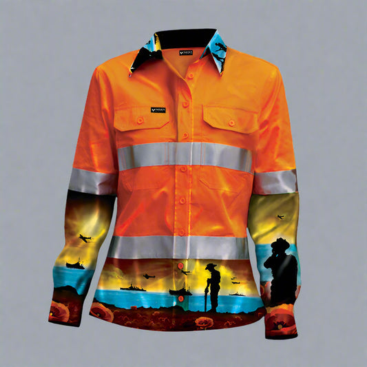 WOMEN'S LEST WE FORGET ORANGE DAY/NIGHT HI VIS HALF BUTTON WORKSHIRT