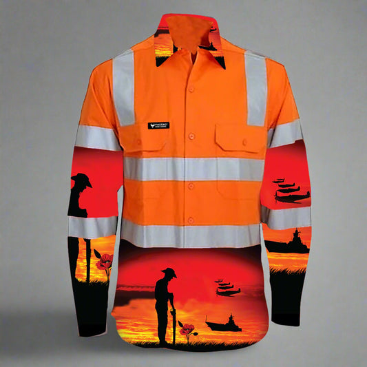 Mens Lest We Forget Cotton Drill Shirt, Orange, Long Sleeve