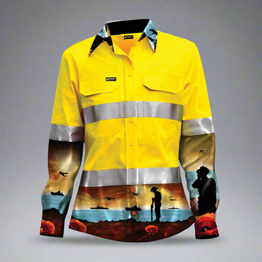 WOMEN'S LEST WE FORGET YELLOW DAY/NIGHT HI VIS HALF BUTTON WORKSHIRT